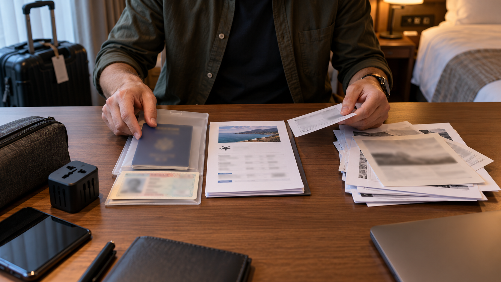 Traveler sorting necessary emergency travel documents from unnecessary copies
