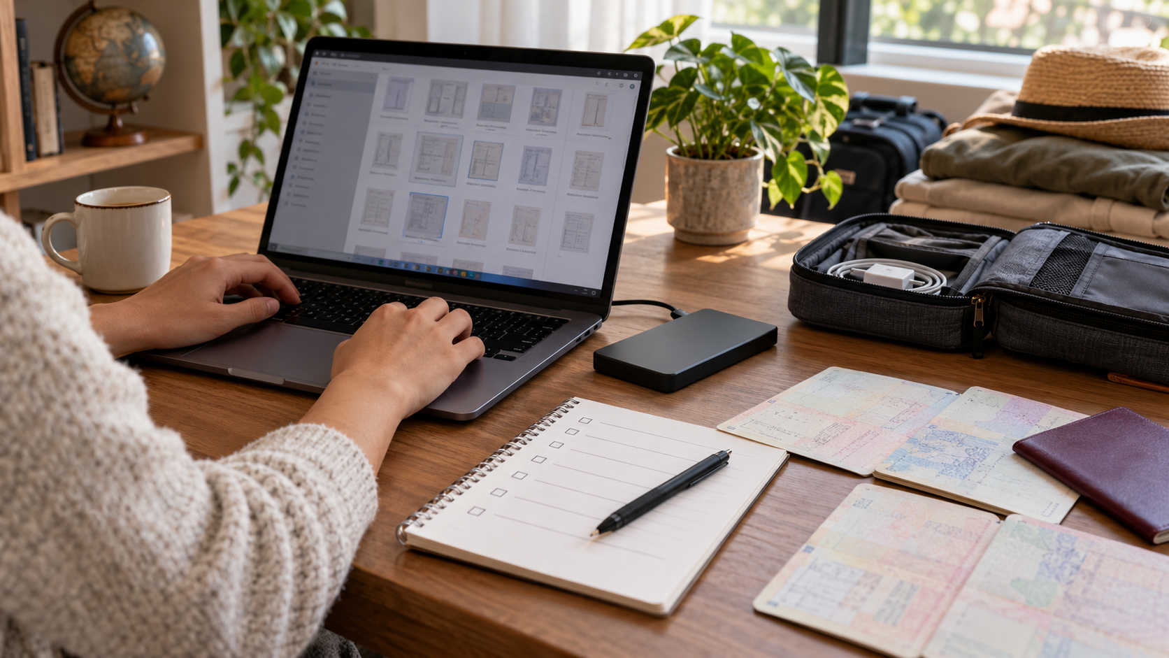 Hands reviewing duplicate passport backup files before encryption