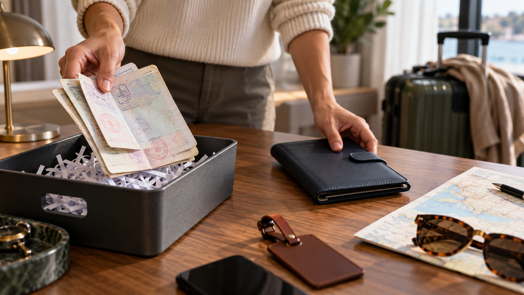 Hands retiring expired travel-document copies after renewal