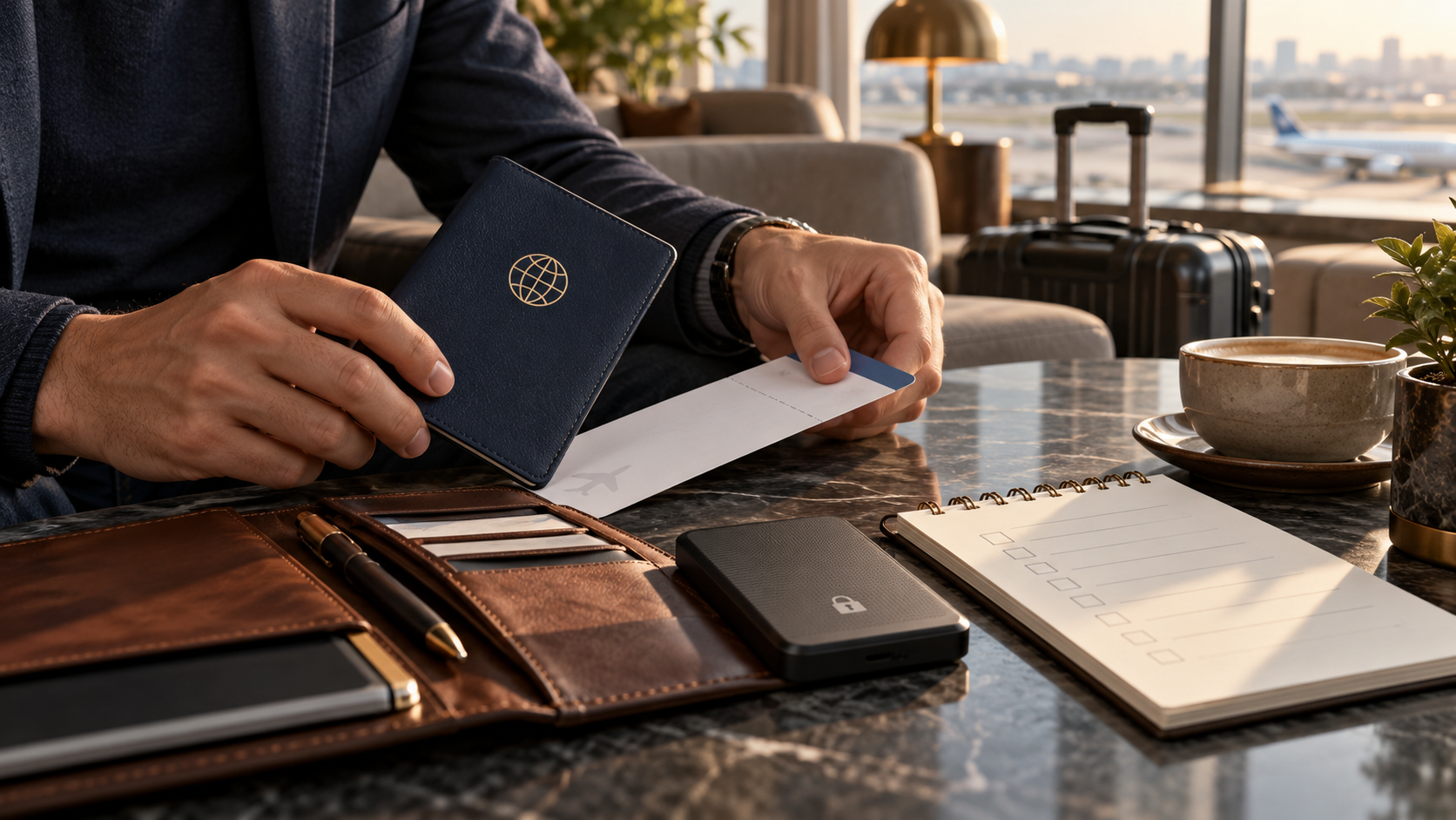 Traveler organizing a passport wallet, encrypted drive and emergency checklist